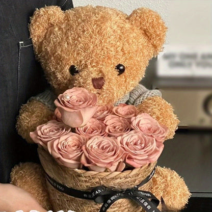 Valentine's Day Plush Bear with Rose Flower Bouquet and Weaving Basket