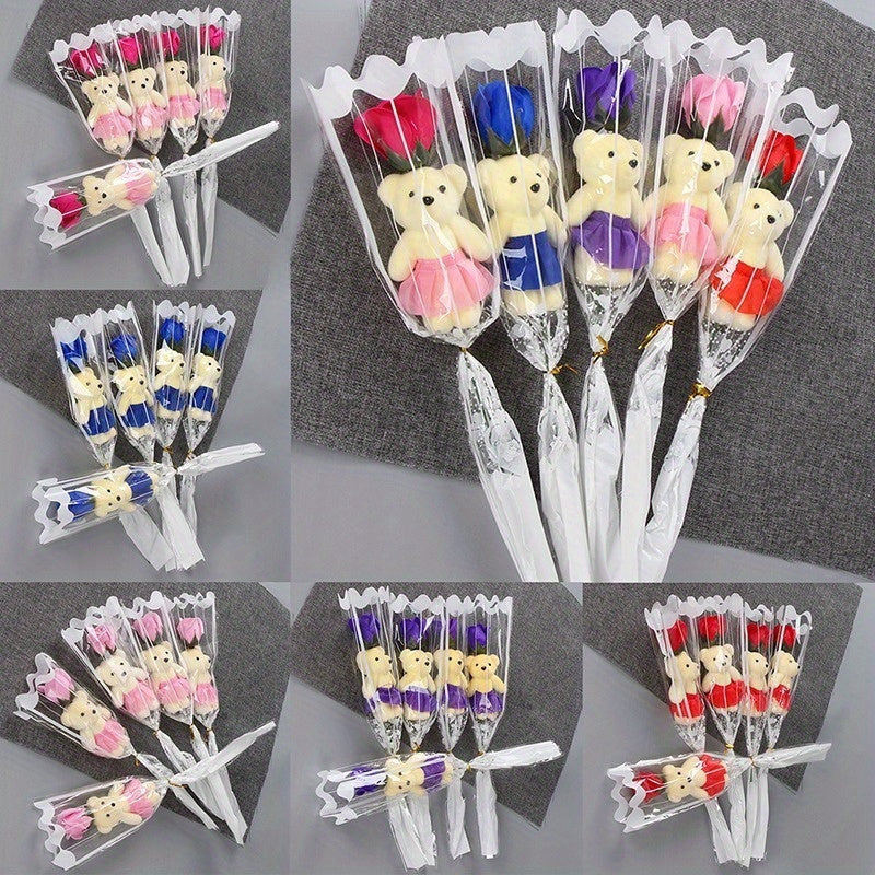 17pcs Romantic Artificial Rose Bouquets with Plush Bears