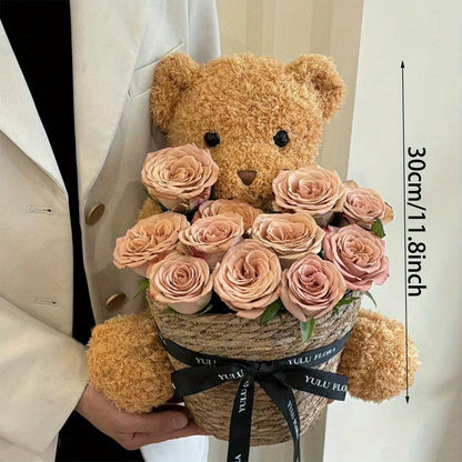 Valentine's Day Plush Bear with Rose Flower Bouquet and Weaving Basket