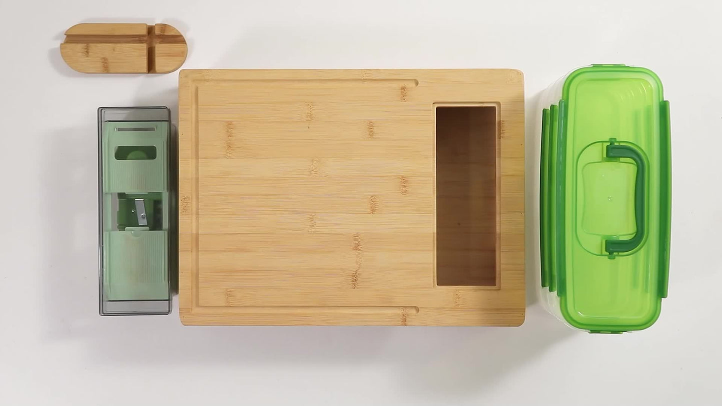 Bamboo Cutting Board With Containers, Storage Boxes With Lids, and Graters