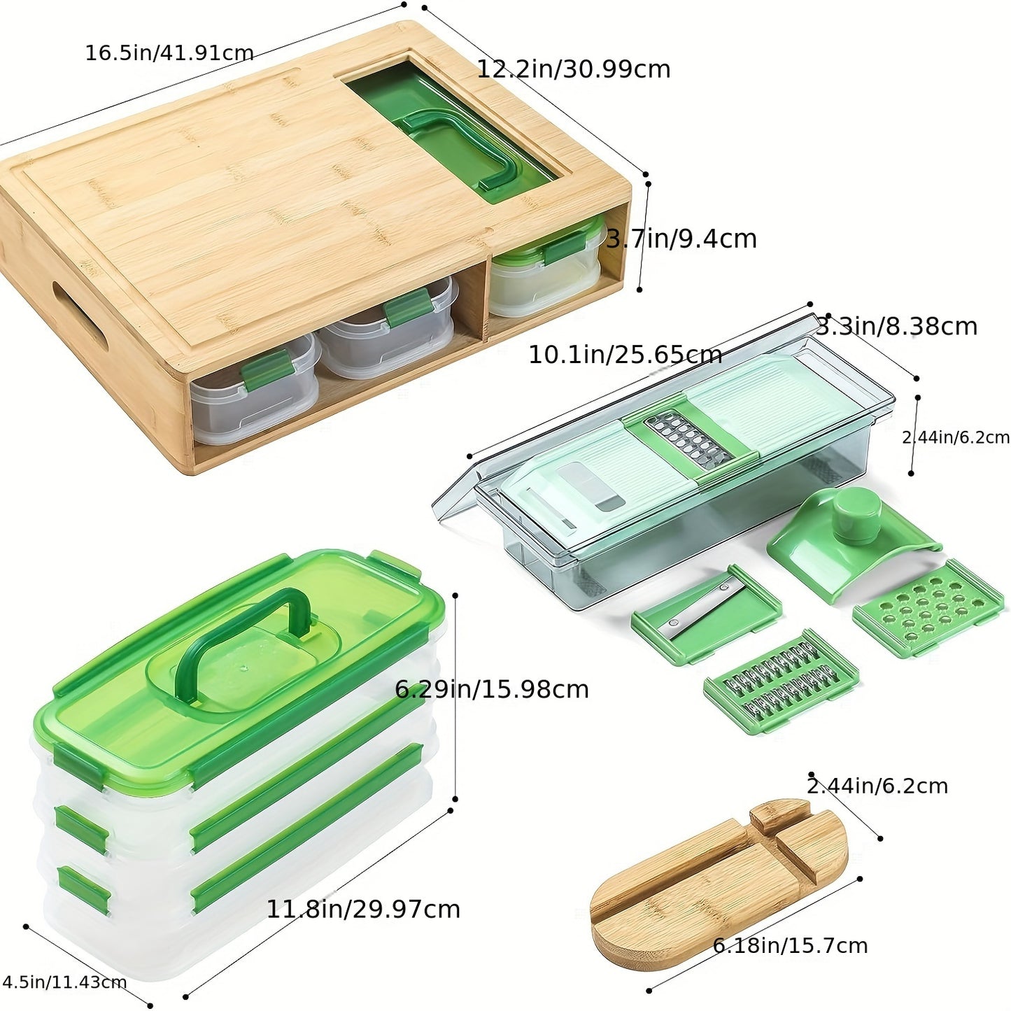 Bamboo Cutting Board With Containers, Storage Boxes With Lids, and Graters