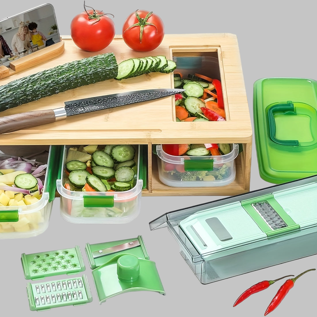 Bamboo Cutting Board With Containers, Storage Boxes With Lids, and Graters