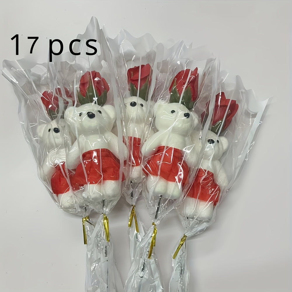 17pcs Romantic Artificial Rose Bouquets with Plush Bears