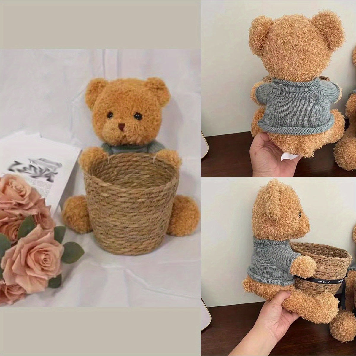 Valentine's Day Plush Bear with Rose Flower Bouquet and Weaving Basket