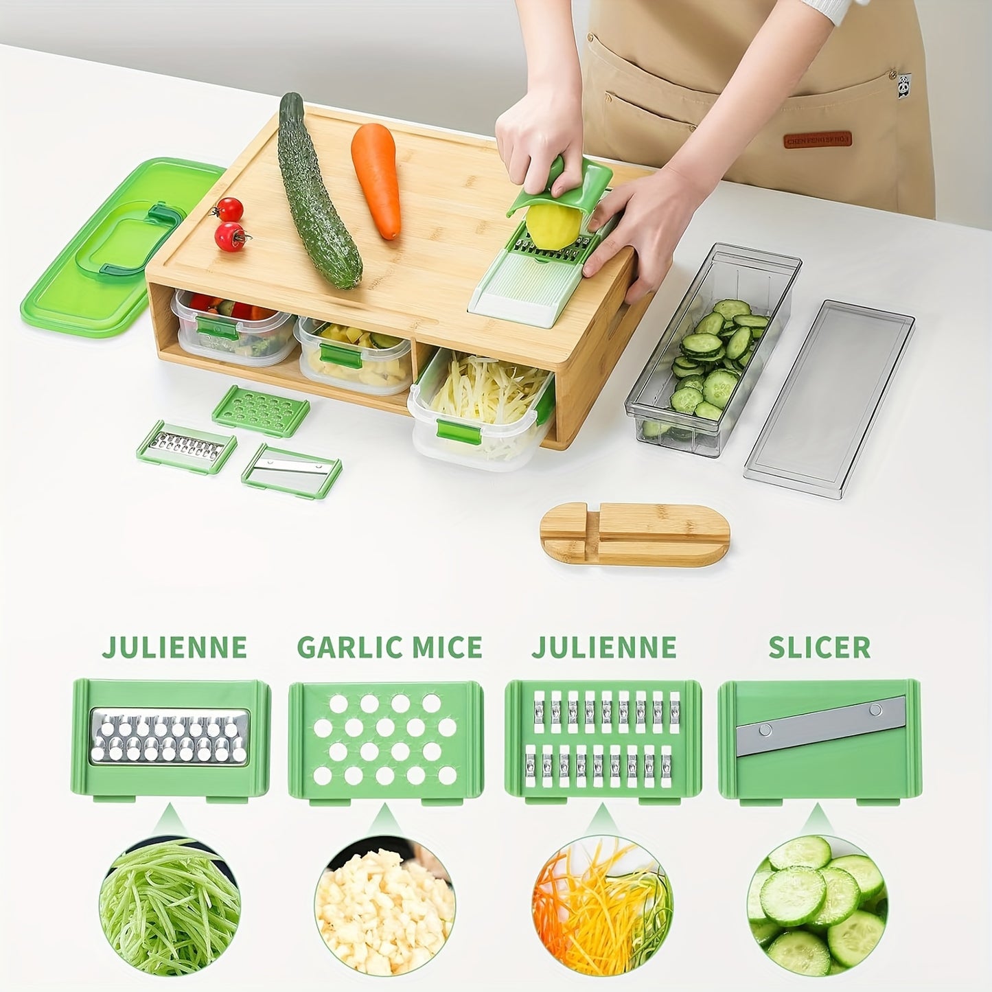 Bamboo Cutting Board With Containers, Storage Boxes With Lids, and Graters