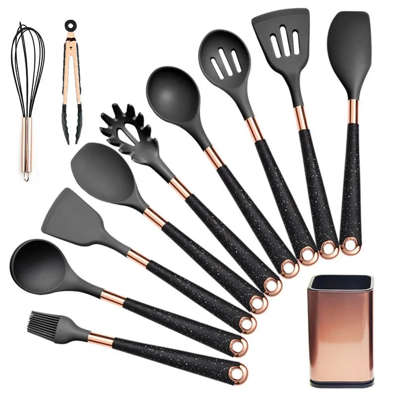 Colorful silicone kitchenware set including spatulas and tongs