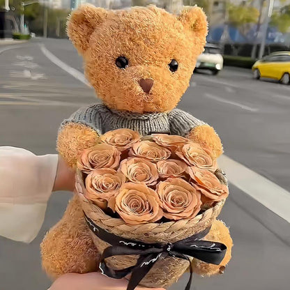 Valentine's Day Plush Bear with Rose Flower Bouquet and Weaving Basket