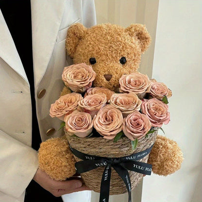 Valentine's Day Plush Bear with Rose Flower Bouquet and Weaving Basket