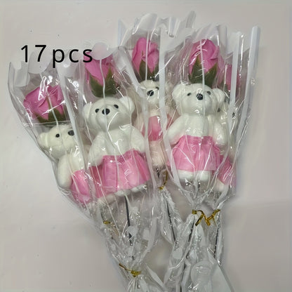 17pcs Romantic Artificial Rose Bouquets with Plush Bears